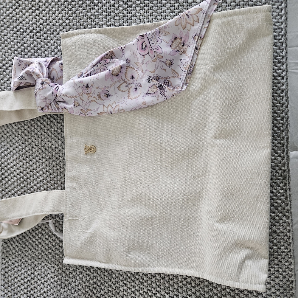 Floral Cream Tote Bag with Scarf Accent